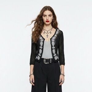 Vintage Black Crochet Floral Embroidered Sheer Cardigan Top CDC Petite S